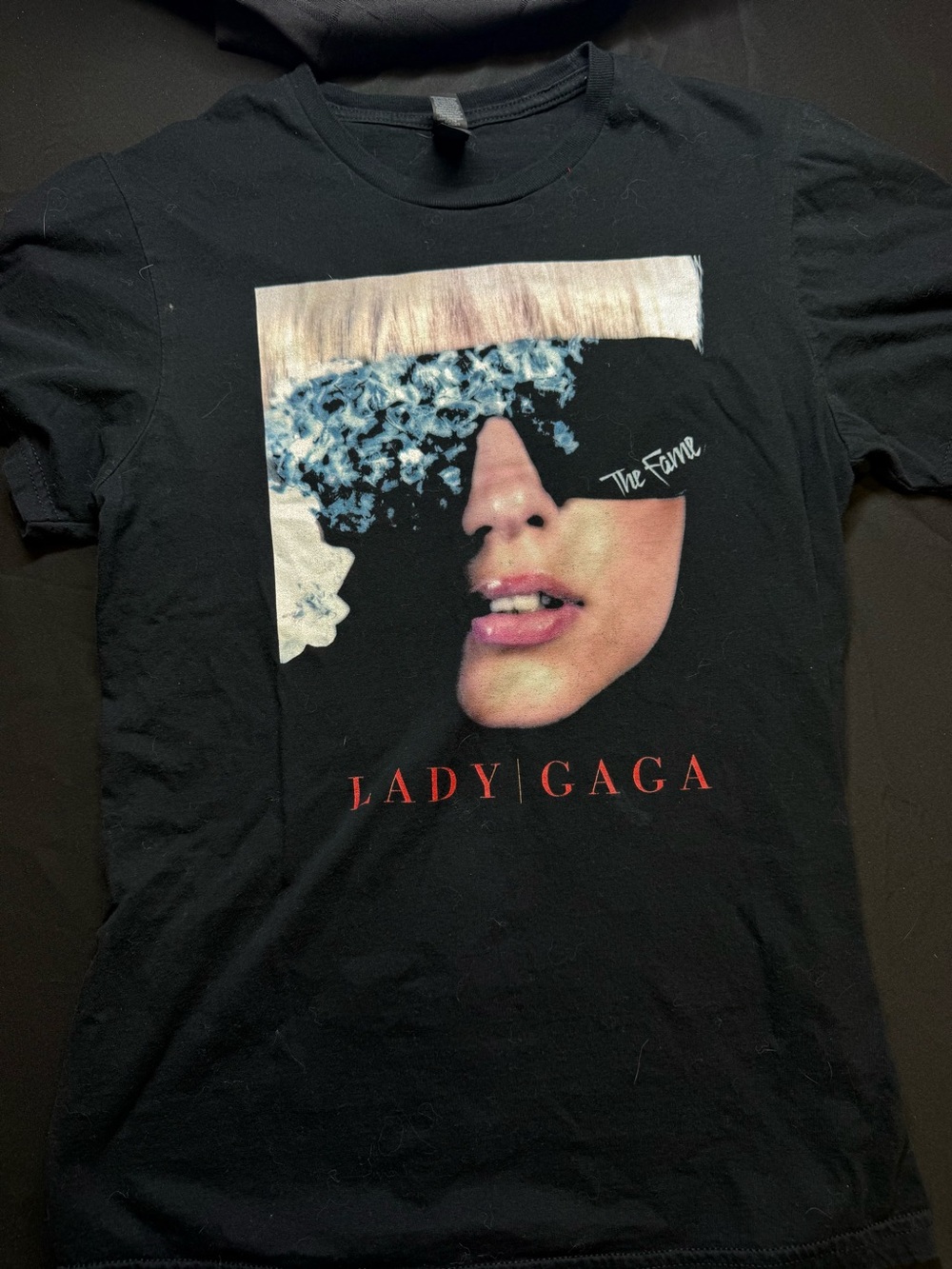 Gildan Black Lady Gaga 'The Fame' Graphic Tee with Red Lettering
